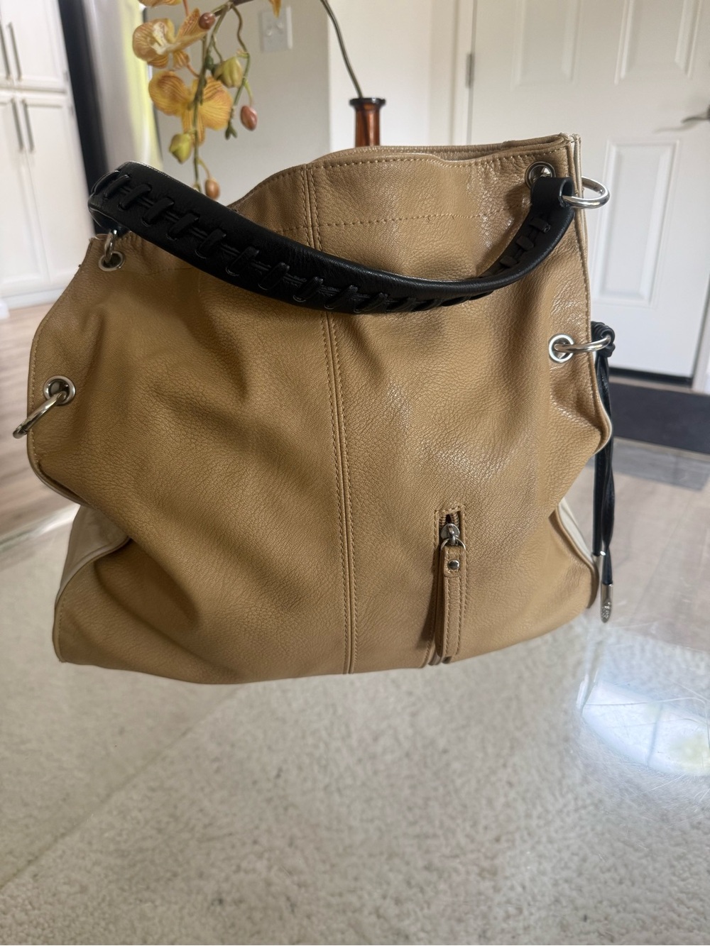 Tan Leather Shoulder Bag with Black Handle